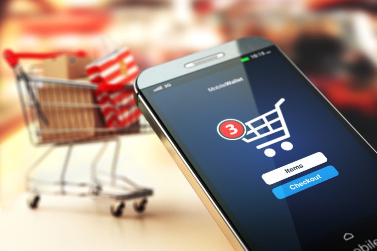 Online shopping concept nackground. Mobile phone or smartphone with cart and boxes and bag. 3d